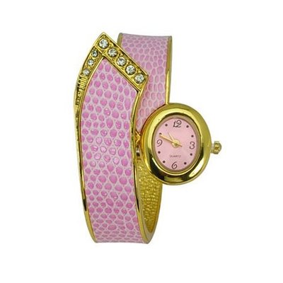 Metal Hinge Bracelet Quartz Movement Wrist Set with Rhinestone - Pink