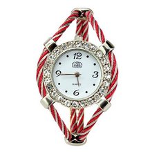 Metal Weave Design Bracelet Quartz Movement Wrist Set with Rhinestone Decoration - Red