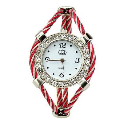 Metal Weave Design Bracelet Quartz Movement Wrist Set with Rhinestone Decoration - Red