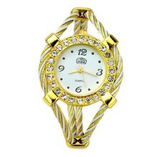 Metal Weave Design Bracelet Quartz Movement Wrist Set with Rhinestone Decoration - White