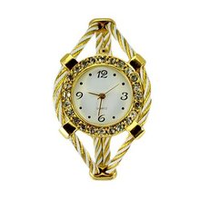 Metal Weave Design Bracelet Quartz Movement Wrist Set with Rhinestone White + Golden