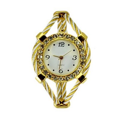 Metal Weave Design Bracelet Quartz Movement Wrist Set with Rhinestone White + Golden