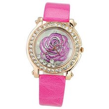 SELDEN Leather Band Shining Diamond Rhinestone Decorated Golden Dial  Quartz -Fuchsia