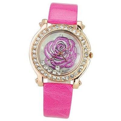 SELDEN Leather Band Shining Diamond Rhinestone Decorated Golden Dial  Quartz -Fuchsia