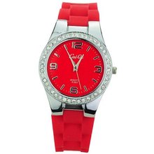 Soft Silicone Band Round Dial Rhinestones Big Scale Quartz Movement -Red