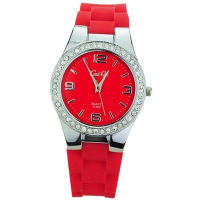 Soft Silicone Band Round Dial Rhinestones Big Scale Quartz Movement -Red