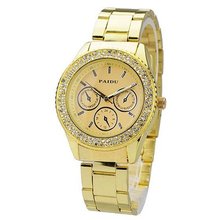 Stainless Steel Band Quartz Movement Round Dial Rhinestone Decoration Gold