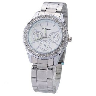 Stainless Steel Band Quartz Movement Round Dial Rhinestone Decoration White