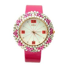 Stylish Fashionable Graceful PU Leather Band Round Dial Quartz Movement Wrist with Rhinestone-Reddish Purple