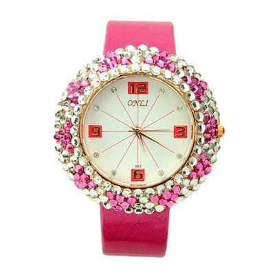 Stylish Fashionable Graceful PU Leather Band Round Dial Quartz Movement Wrist with Rhinestone-Reddish Purple