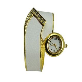 Stylish Metal Hinge Bracelet Quartz Movement Wrist Set with Rhinestone - White