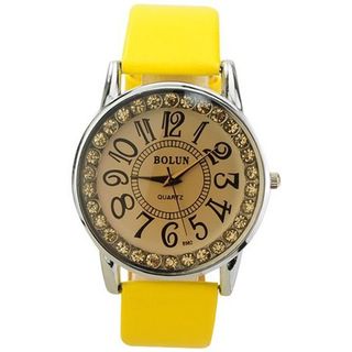 ujss PU Leather Band Big Scale Rhinestones Round Dial Quaretz Movement with Waterproof and Stainless Steel Back-Yellow band 
