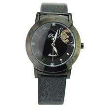 Woman Beautiful PU Leather Wristband Casual with Round Dial-Black