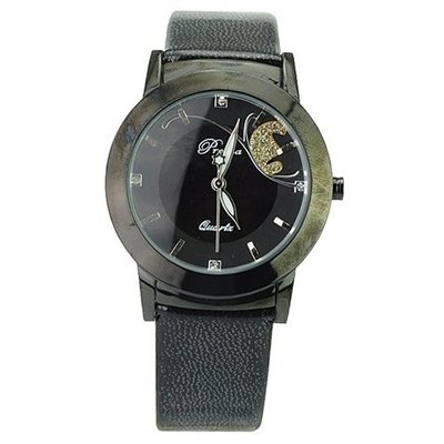 Woman Beautiful PU Leather Wristband Casual with Round Dial-Black
