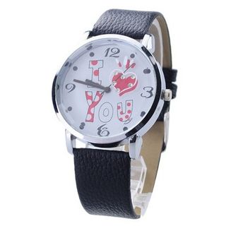 Woman Graceful Quartz Movement with Loving Heart English Letter 123A Black