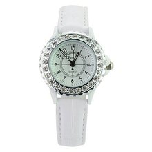 Woman Mini PU Leather Wristband Casual with Round Dial Covered Rhinestone-White