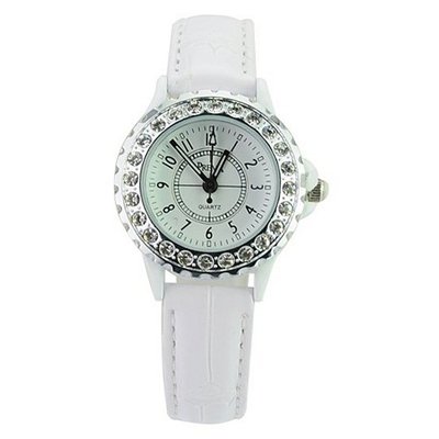 Woman Mini PU Leather Wristband Casual with Round Dial Covered Rhinestone-White