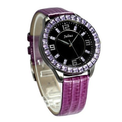 Julius JA-379H Black round Dial Purple Leather Band Analog Woman Wrist