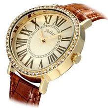 Julius JA-383D Yellow round Dial Brown Leather Band Analog Woman Wrist
