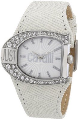 Just Cavalli R7251160504 Logo Stainless Steel Swarovski Crystal White Leather Strap