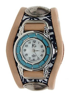 Kc,s Leather Craft Bracelet Three Concho Turquoise Movement Inlay Color Navy