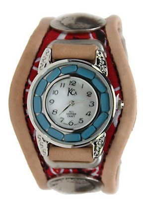 Kc,s Leather Craft Bracelet Three Concho Turquoise Movement Inlay Color Red