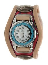 Kc,s Leather Craft Bracelet Three Concho Turquoise Movement Inlay Color Tan