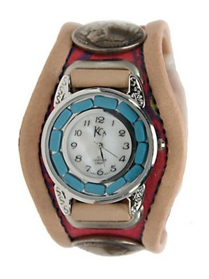 Kc,s Leather Craft Bracelet Three Concho Turquoise Movement Inlay Color Tan