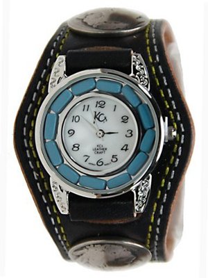 Kc,s Leather Craft Bracelet Turquoise Movemnet 3 Concho Double Stitch Color Black