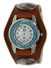 Kc,s Leather Craft Bracelet Turquoise Movemnet 3 Concho Double Stitch Color Light Brown