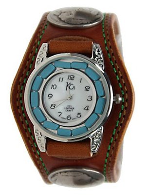 Kc,s Leather Craft Bracelet Turquoise Movemnet 3 Concho Double Stitch Color Light Brown