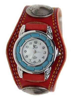 Kc,s Leather Craft Bracelet Turquoise Movemnet 3 Concho Double Stitch Color Red