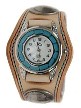 Kc,s Leather Craft Bracelet Turquoise Movemnet 3 Concho Double Stitch Color Tan