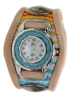 Kc,s Leather Craft Bracelet Turquoise Movemnet 3 Concho Inlay Multi Sarape Color Tan
