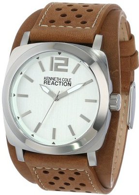 Kenneth Cole REACTION Unisex RK1330 Street Silver Case Silver Dial Brown Biker Cuff Strap