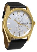 Kenneth Cole KCW1031 Gold Silver White Date Dial Black Leather  NEW
