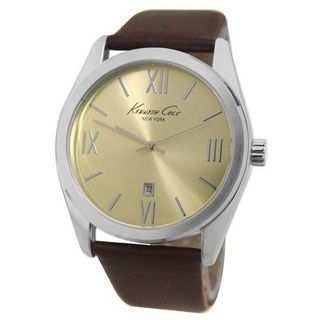 Kenneth Cole KCW1033 Silver Champagne Date Dial Brown Leather Band  NEW