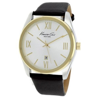 Kenneth Cole KCW1035 Gold Silver Analog Date Dial Black Leather  NEW