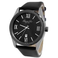 Kenneth Cole KCW1036 Silver Black Analog Date Dial Leather Band  NEW