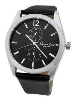 Kenneth Cole New York KCW1030 Silver Black Date Dial Leather Band  NEW