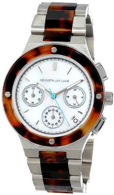 Kenneth Jay Lane KJLANE-2114 Chronograph White Mother-Of-Pearl Dial Stainless Steel and Brown Tortoise Resin