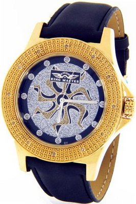 King Master Genuine Diamond 18K Gold Tone Case Black Leather Band #KM-565
