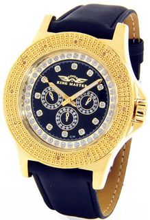 King Master Genuine Diamond 18K Gold Tone Case Black Leather Band #KM-566