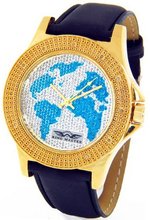 King Master Genuine Diamond 18K Gold Tone Case Black Leather Band #KM-567