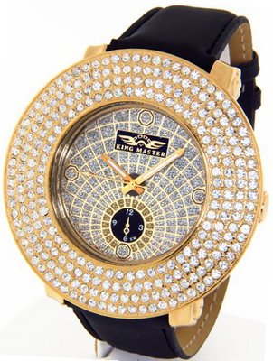 King Master Genuine Diamond 18K Gold Tone Case Black Leather Band #KM-569