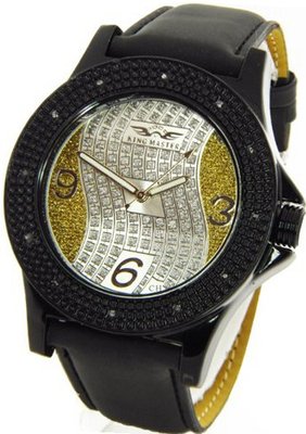 King Master Genuine Diamond Black Case Black Leather Band w/ 2 Interchangeable Bands #KM-531