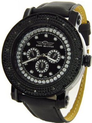 King Master Genuine Diamond Black Case Black Leather Band w/ 2 Interchangeable Bands #KM-533
