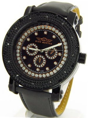 King Master Genuine Diamond Black Case Dark Gray Leather Band w/ 2 Interchangeable Bands #KM-530