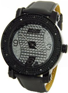 King Master Genuine Diamond Black Case Dark Gray Leather Band w/ 2 Interchangeable Bands #KM-535