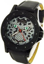King Master Genuine Diamond Tiger Black Case Black Leather Band w/ 2 Interchangeable Bands #KM-541